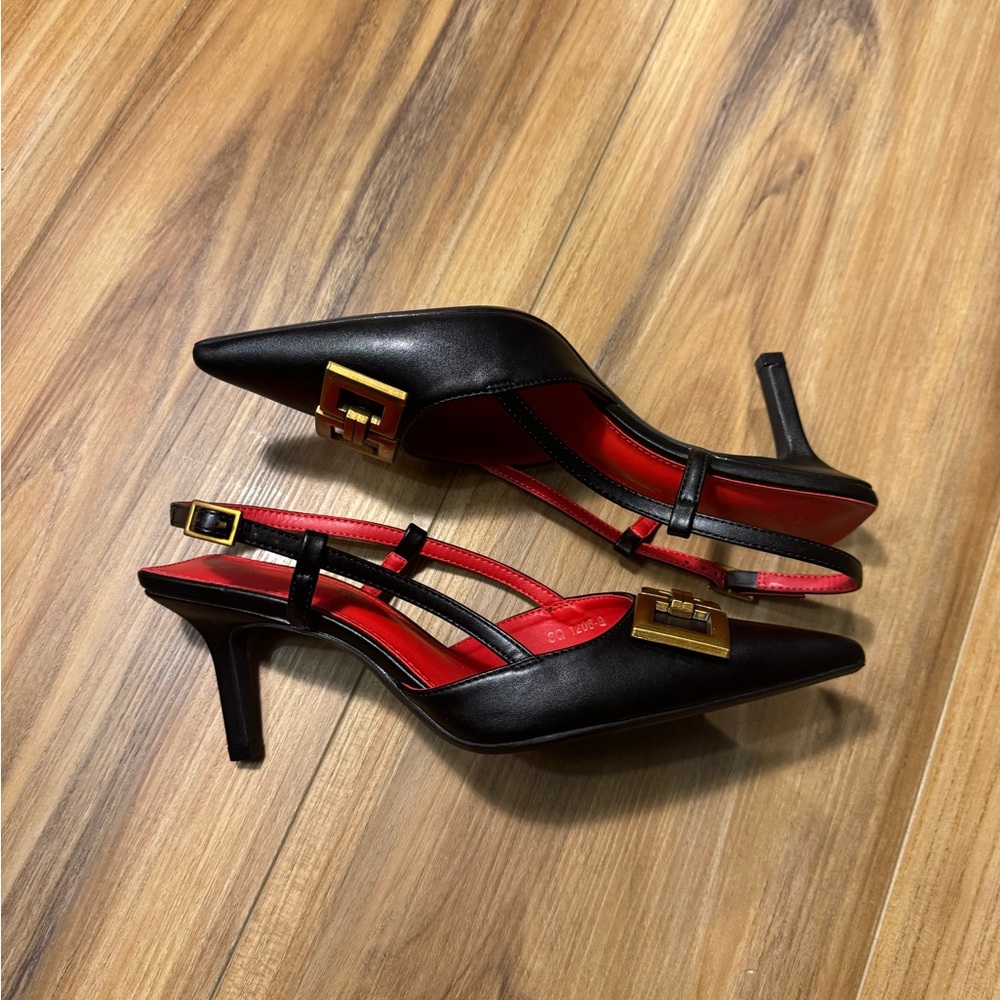 Black Pointed Slingback Heels with Gold Buckle and Red Insole - Picture 10 of 12